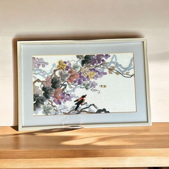 Vintage Grapes And Bird Framed Crewel - Picture 10 of 11
